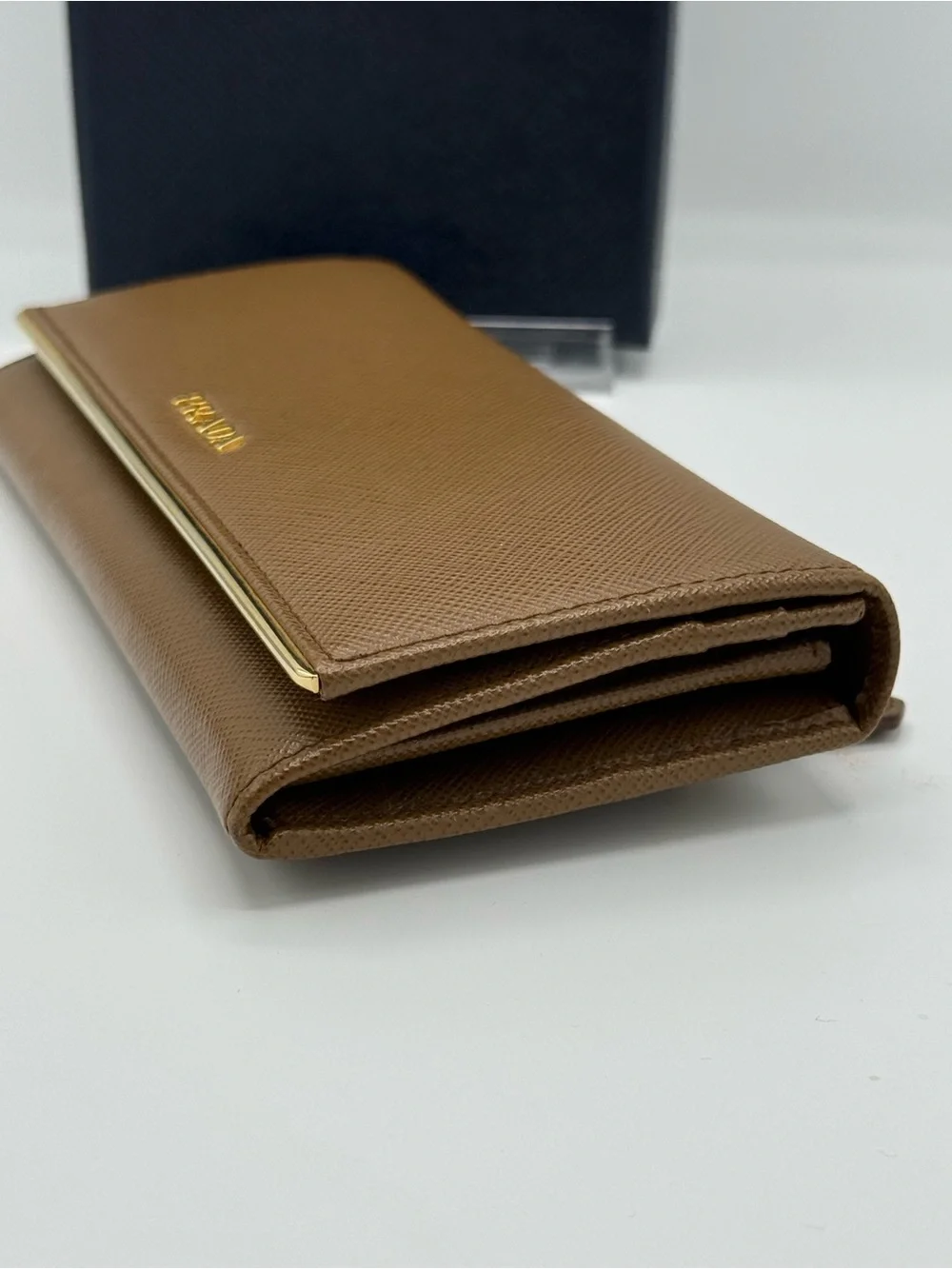 Prada Saffiano Metal Bar Flap Wallet in Caramel / Camello W/ card holder